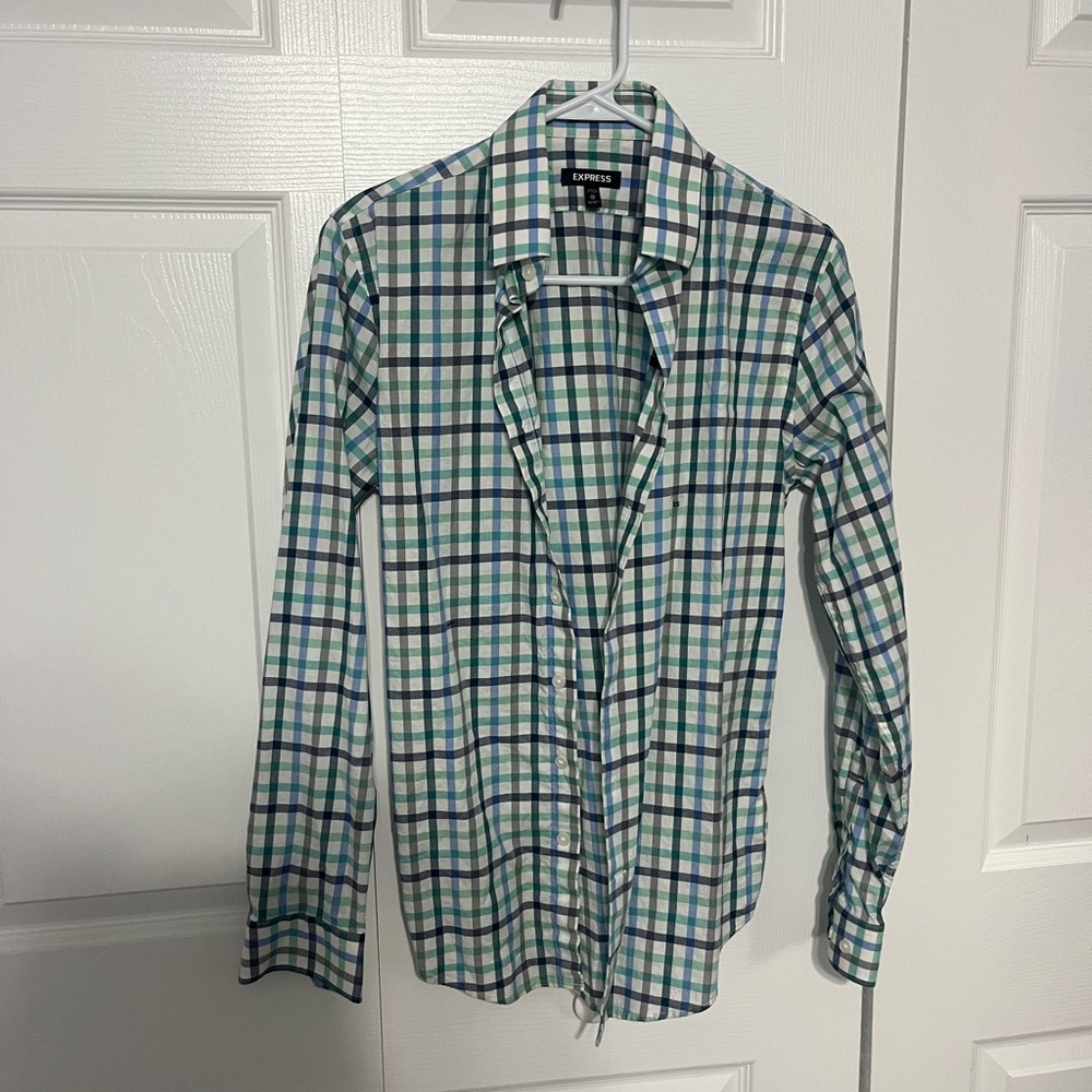 Express Men's Checkered Shirt in Blue and Green